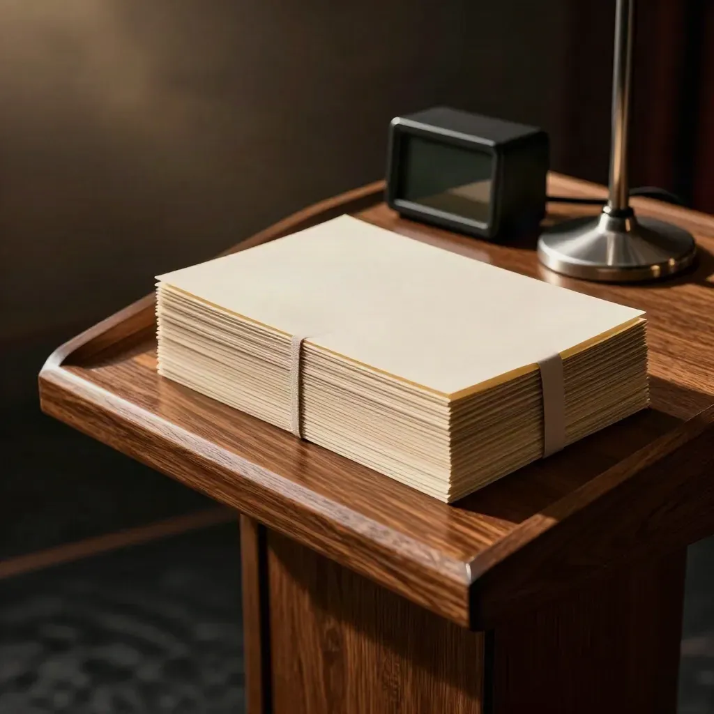 Vita cue cards, timer och mikrofonstativ på en talarstol i varm scenbelysning.