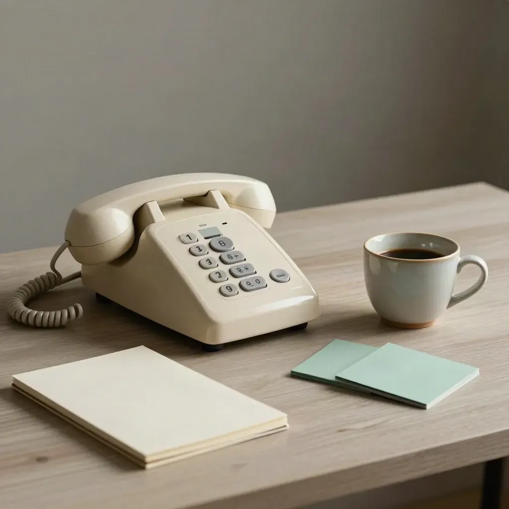 Telefon, stängd anteckningsbok, kopp och mintgröna flikar på ljus träyta.