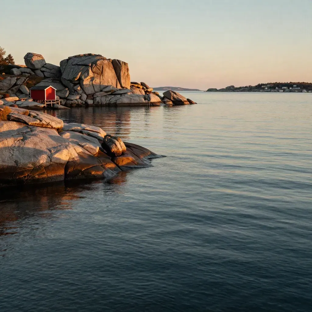Granitklippor och rött båthus i Göteborgs skärgård i kvällssol över stilla hav.